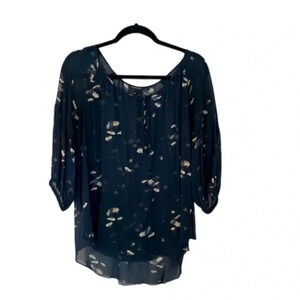 Club Monaco Women’s 3/4 Sleeve Navy 100% Silk Sheer Floral Blouse Size M GUC